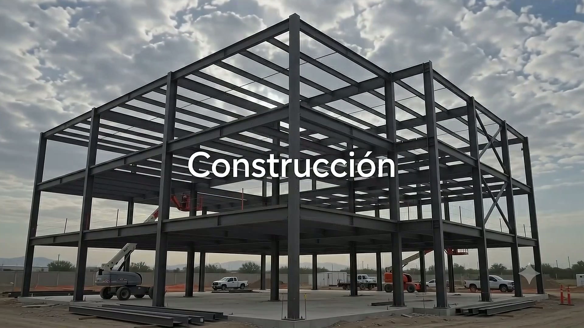Estructura de acero de una obra industrial DEM contra un cielo dramático